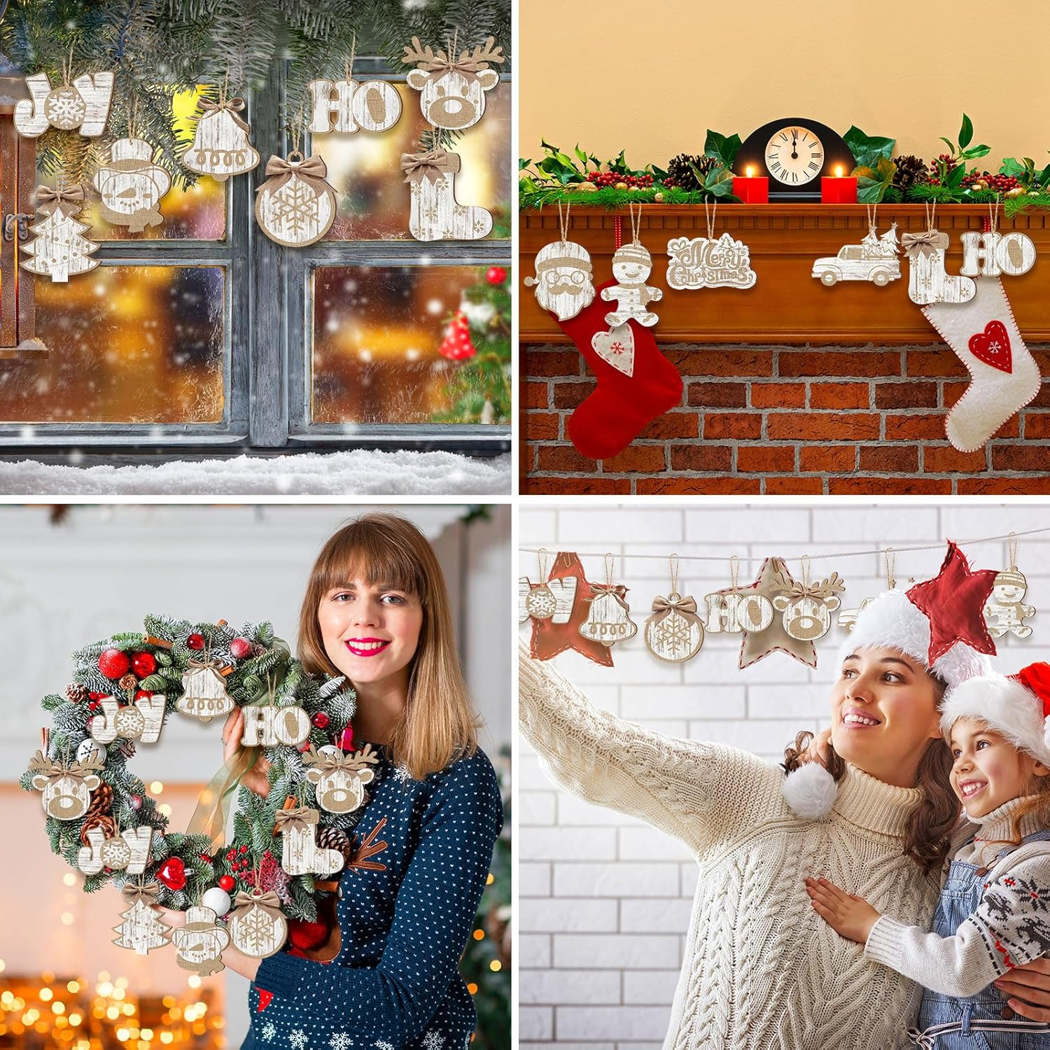 36 Pieces Christmas Buffalo Plaid Hanging Ornaments Christmas Tree Wooden Hanging Decor Wooden Christmas Ornaments Snowflake Reindeer Snowman Plaid Christmas Decor, 12 Styles (Wood Color) - Wood Color image number 6