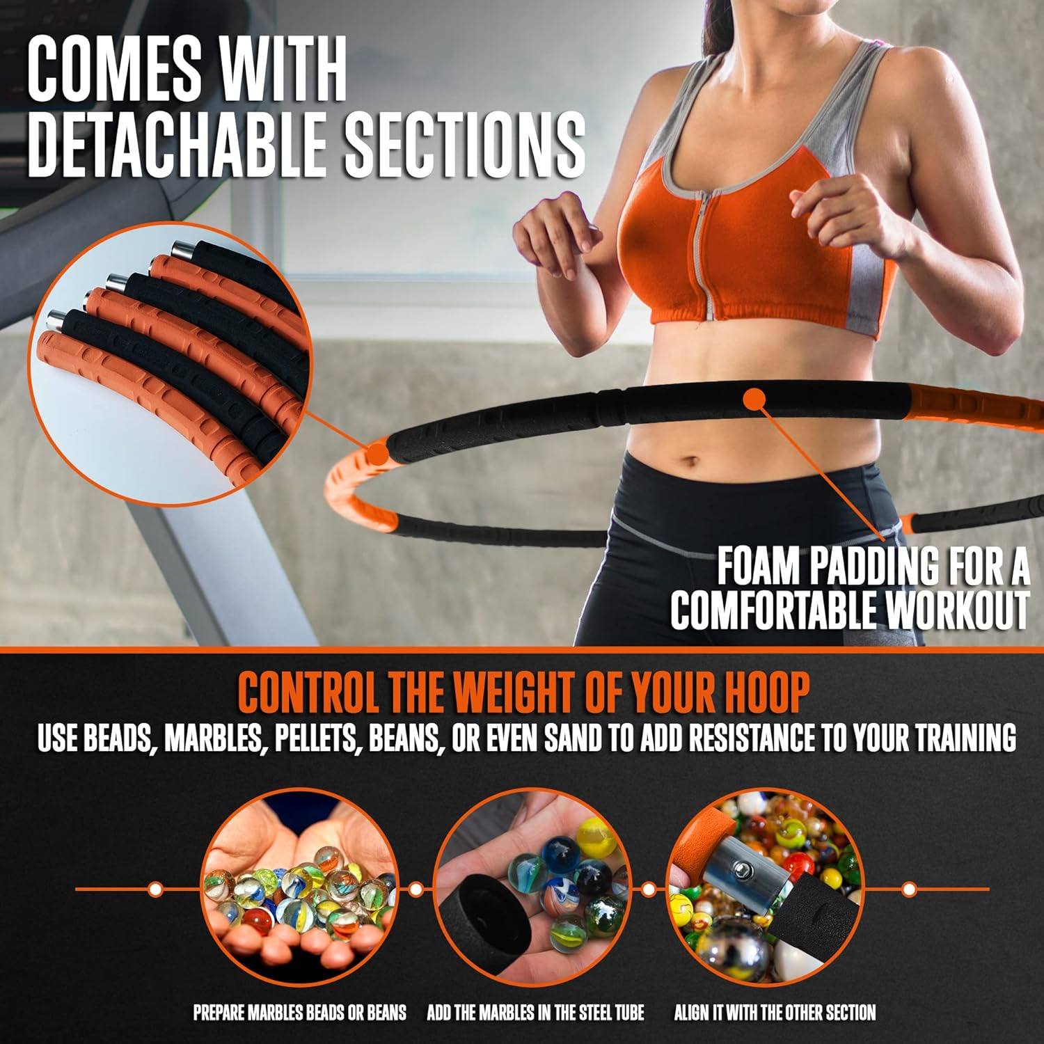 SQUATZ Exercise Hula Hoop for Adults Weight Loss - Weighted Hula Hoop for Workout, Adjustable & Detachable Weighted Hula-Hoop image number 5