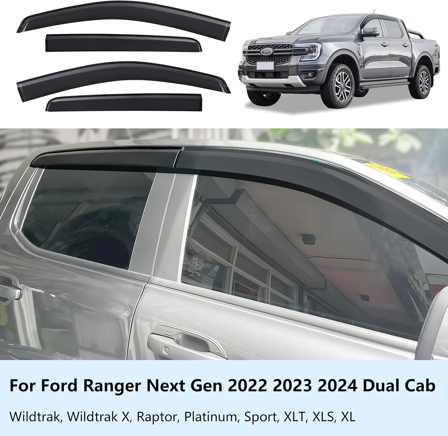 SUERAUTO4X4 for Ford Ranger Wildtrak Raptor Accessories Next Gen 2024 2023 2022 Dual Cab Weather Shield Weathershields Window Visor Wind Deflectors Injection Black, 4PCS image number 2