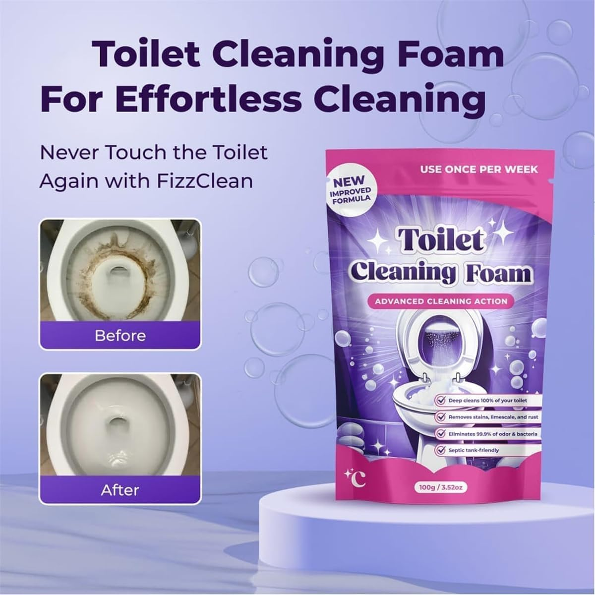 Fizzclean Toilet Cleaner, Fizzclean Toilet Cleaning Foam, Insta-Action Foam for Sparkling Clean Toilet, Touch Free Foaming Toilet Cleaning Foaming Powder (1) image number 1
