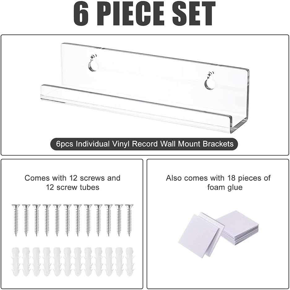 Acrylic Vinyl Record Floating Shelves 6 Pack, Acrylic Record Shelf for Display, Vinyl Record Display Holder(7Inch) B image number 2