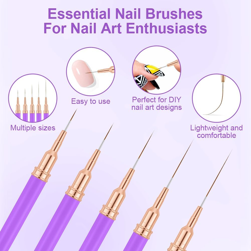 AYBUY Nail Brush Set, 5 Pieces Fineliner Brushes for Nails, Nail Art Brush, Nail Design Nail Art Brush Set for Long Lines, Thin Details, Fine Drawing Sizes 7/9/11/15/25 Mm (Purple) image number 2