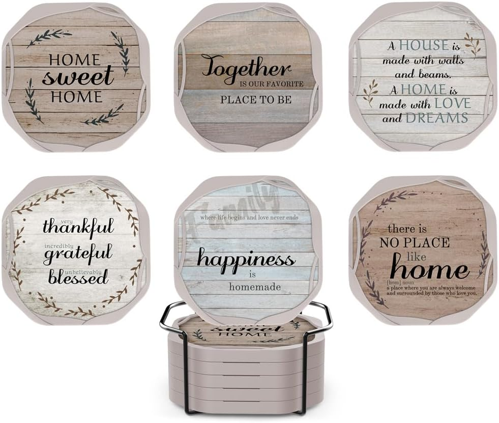 UMIRRO Absorbent Drink Coasters, Housewarming Gifts for New House, Sweet Home Decor, Rustic Farmhouse Coffee Table Centerpiece, Small Ideas for Women Mom Her Men Dad Him, 4", Set of 6 image number 5