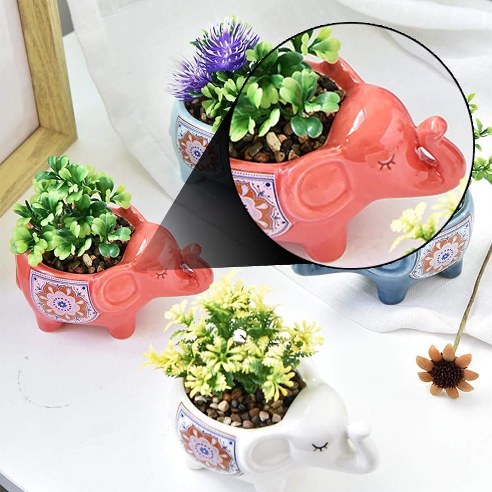 TOMVAES Elephant Ceramic Flower Pot,Cute Animal Indoor Flower Succulent Planter Modern White Ceramic Cactus Planter Pots for Home Garden Offices Desktop (Red)