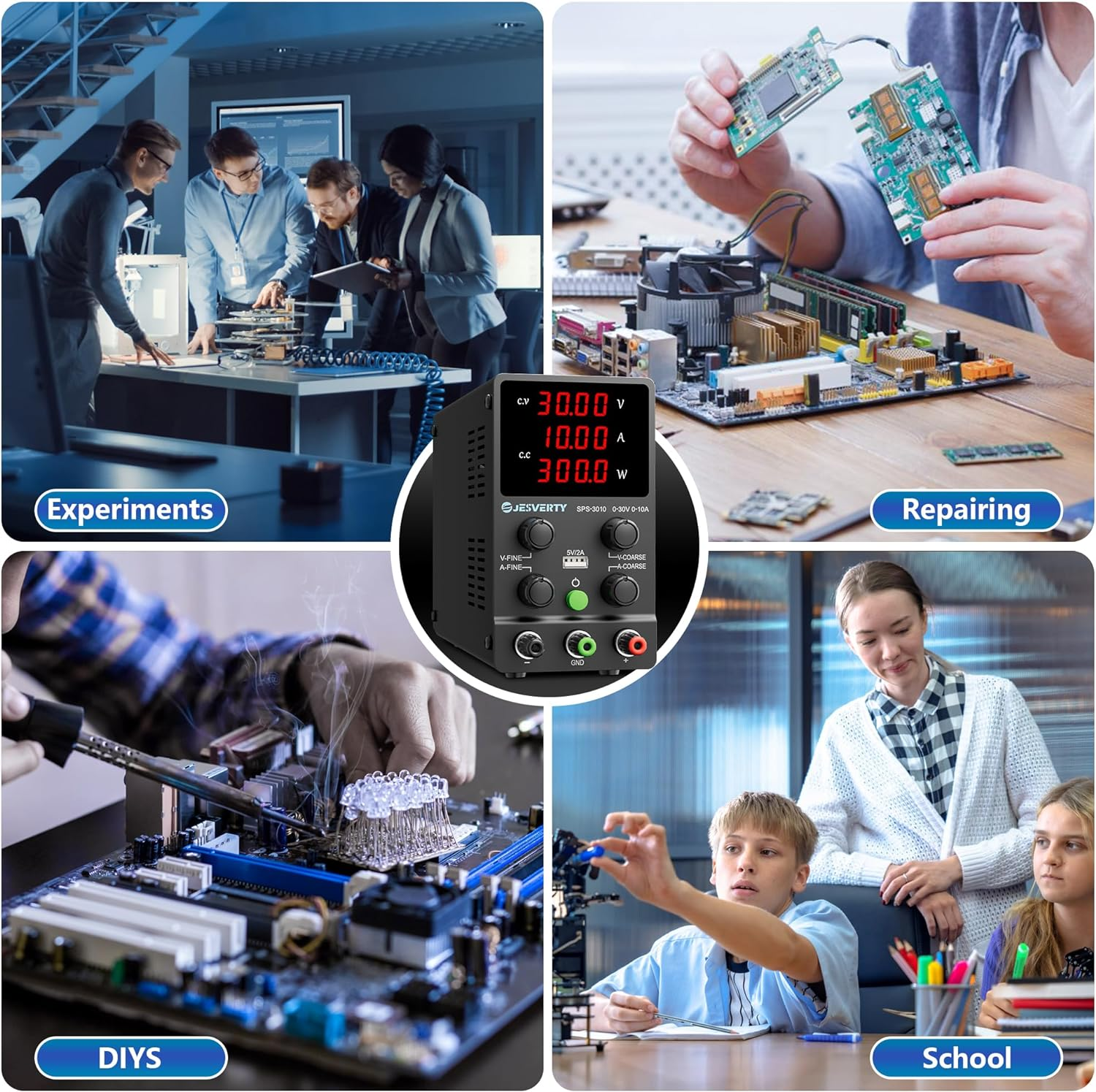 DC Power Supply Variable, 30V 10A Adjustable Switching Regulated DC Bench Power Supply with High Precision 4-Digits LED Display, 5V/2A USB Port, Coarse and Fine Adjustments AC240V Jesverty SPS-3010