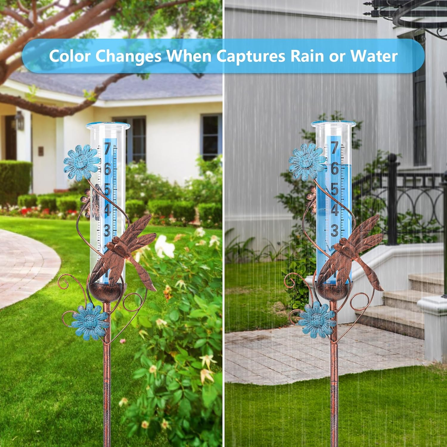 Rain Gauge Outdoor - Freeze Proof Rain Gauges Outdoors Best Rated, 36 Inch Dragonfly Decorative Rain Gauge Garden Stake for Yard Outdoors Fence Decoration image number 1