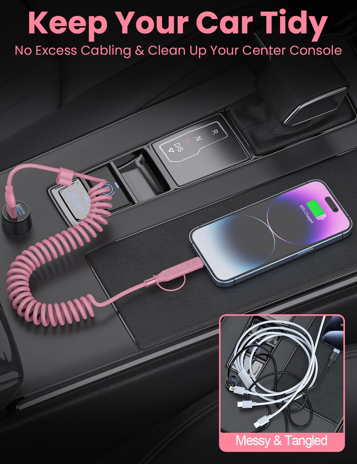 Coiled USB-C and Lightning Cable 2-In-1, Iphone 17 Car Charger Cord, 60W Fast Charging Cable for Iphone 16/15, Samsung Galaxy Supports Apple Carplay & Android Auto 1M (Pink) - Pink image number 2
