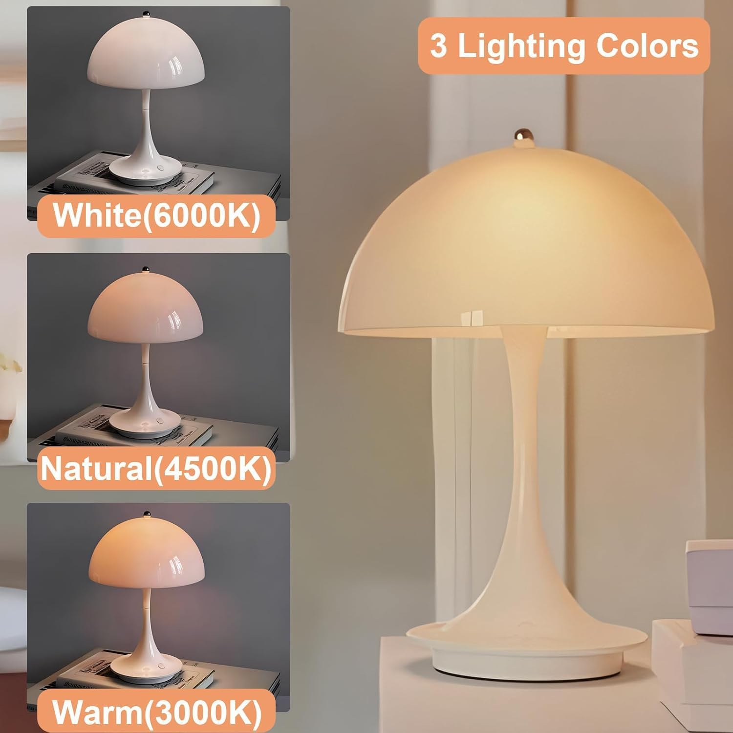 Cordless Mushroom Table Lamp with Touch Sensor, 3-Color Stepless Dimmable Battery Operated Portable Light for Bedroom Decor/Restaurant/Outside/Camping (White)