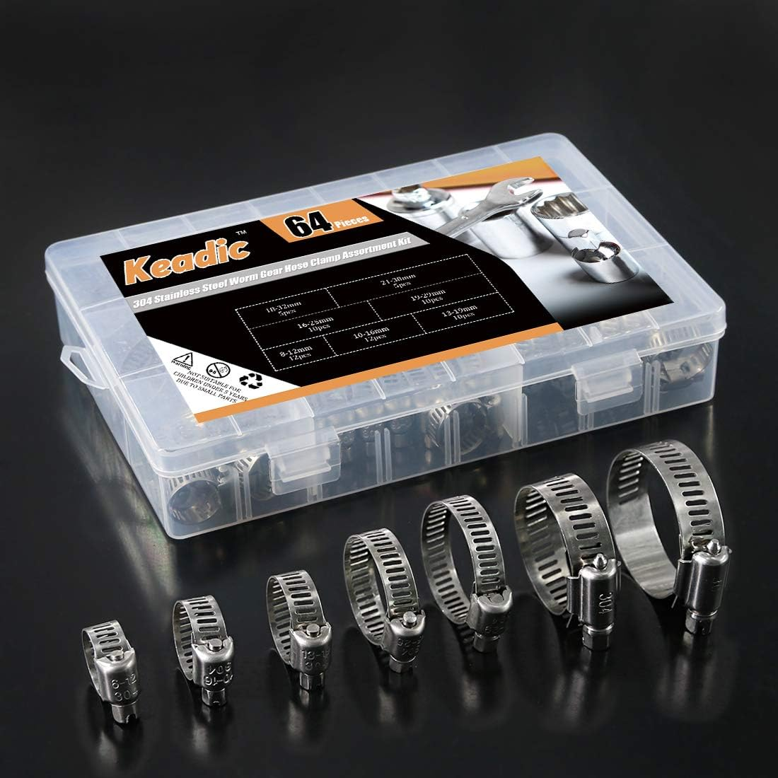 Keadic 64Pcs Adjustable [8 to 38Mm] Diameter Range Fuel Line Clips Worm Gear Hose Clamp Assortment Kit for Various Pipes Automotive Mechanical Use - 304 Stainless Steel image number 1