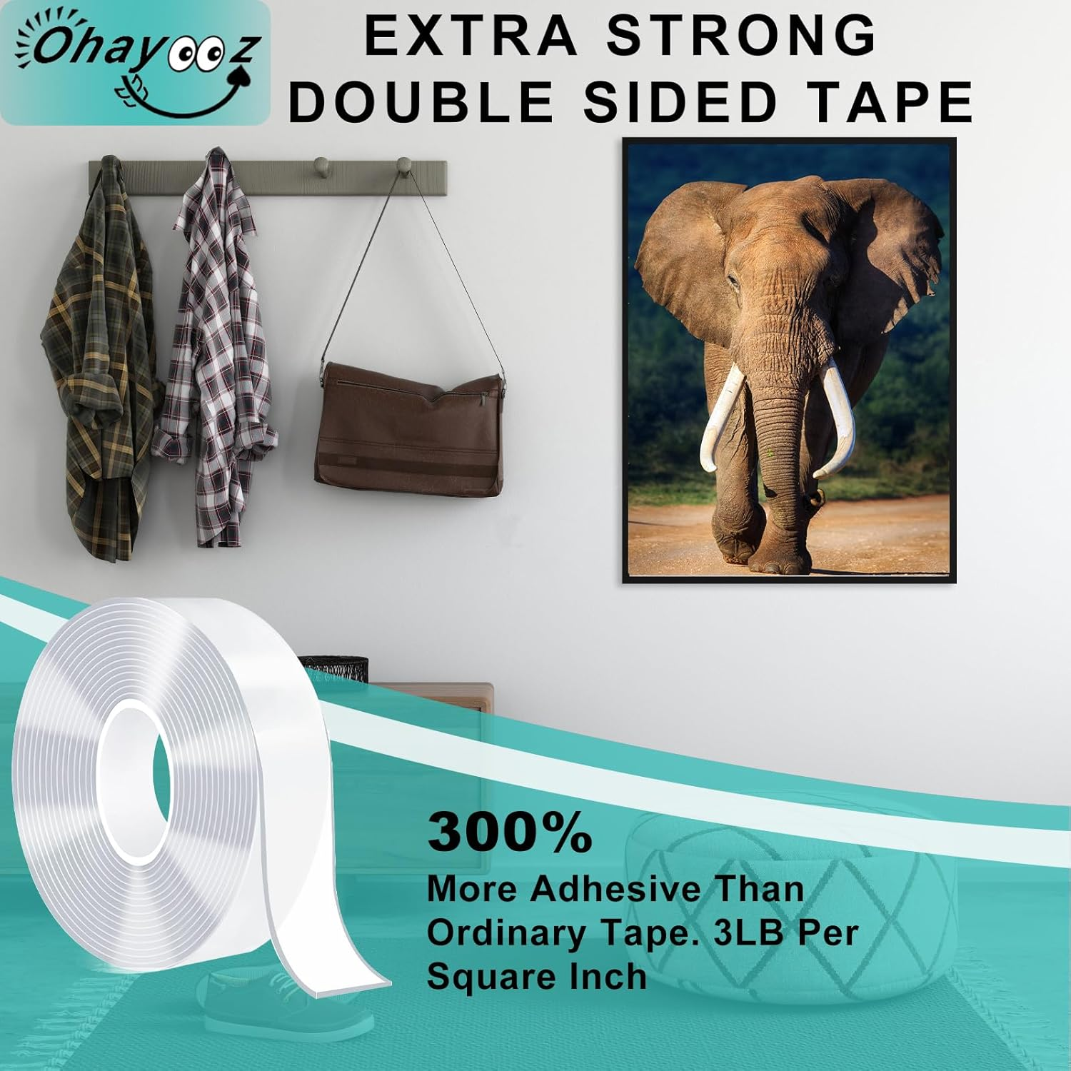 Ohayooz&reg; Extra Strong Double Sided Tape Heavy Duty Removable 10FT, Clear Sticky Adhesive Nano Tape Tough Washable Waterproof Mounting Tape for Hanging Picture, Poster, Carpet, Photo Deco image number 2