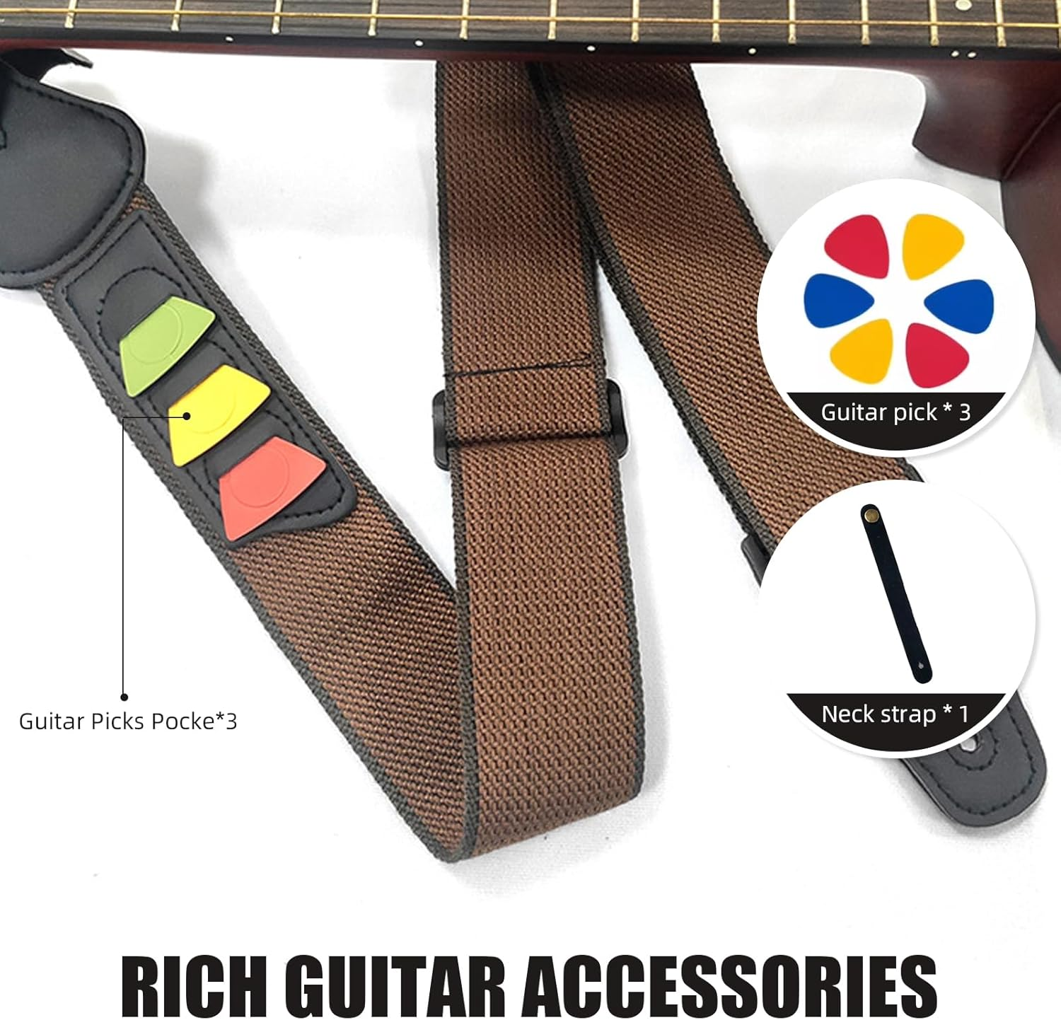 Guitar Strap, Soft Cotton Straps with 3 Pick Holders, Strap Button Headstock Adaptor, 1 Pair Locks and 3 Picks Set for Electric/Acoustic Guitar image number 2
