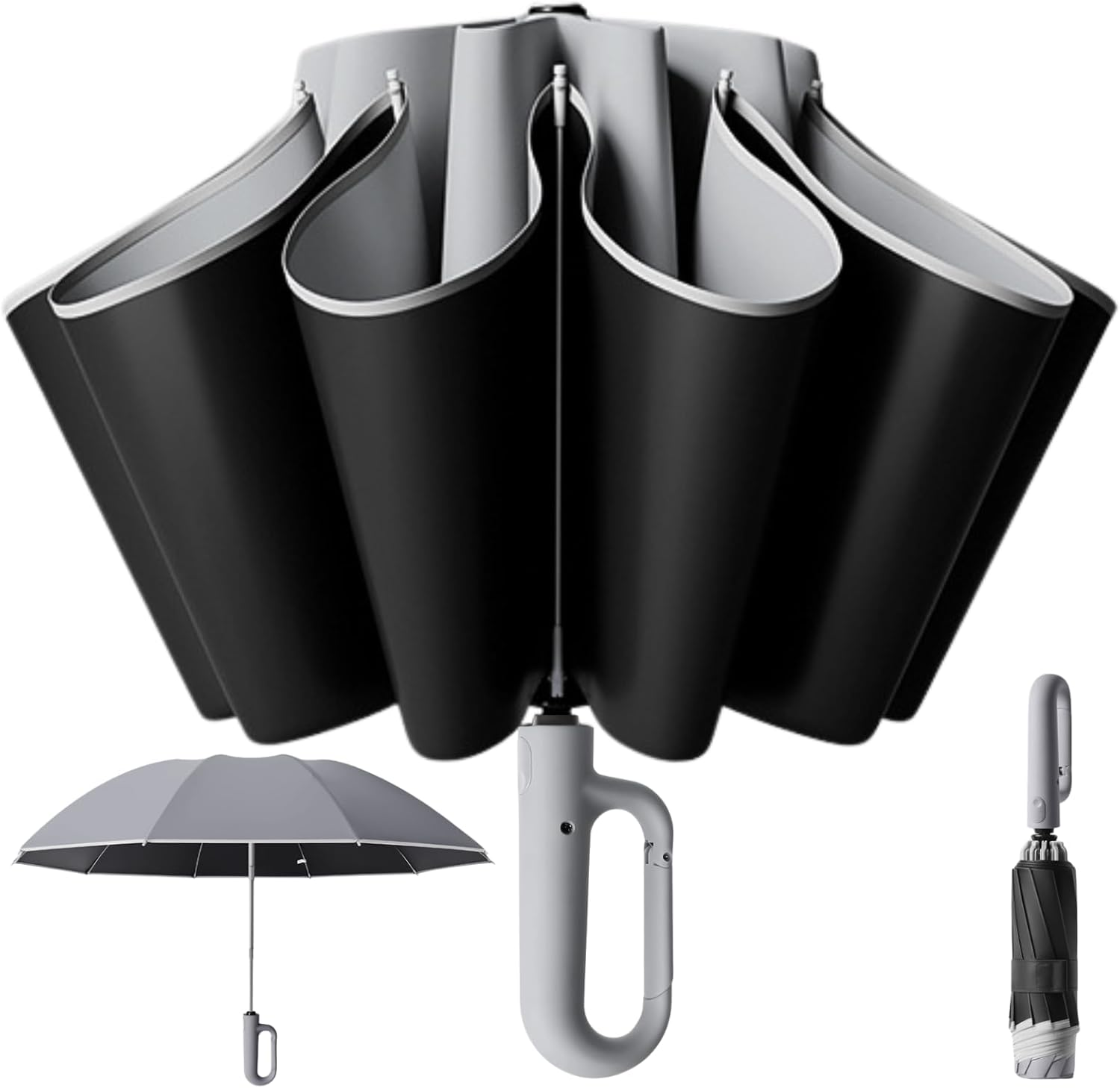 Automatic Extra Large Compact Umbrella with 10-Rib for Sun/Rain, Travel Windproof Folding Parasol with Hooking Handle, Inverted Dry Close and Safety Reflective Strips - Green image number 5