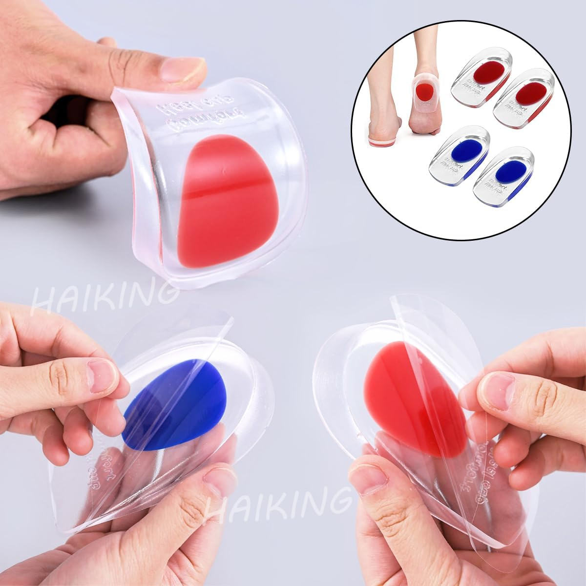 Silicone Gel Heel Cups, 2 Pairs Blue and Red Orthotic Shoe Inserts Foot Care Accessories for Men, Women Sore Heel Pain Relief (2 Sizes) image number 1