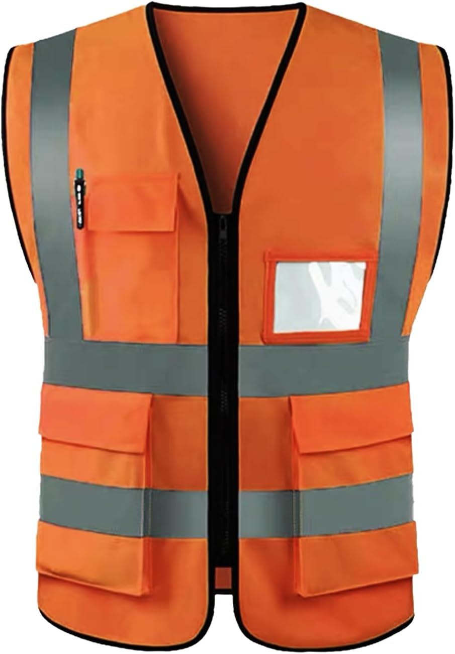 Olsdeeool High Visibility Safety Vest with Pockets, Lightweight, Reflective Strips, for Outdoor Working,Construction, Traffic, Wear to 140 to 160 Pounds-Oange