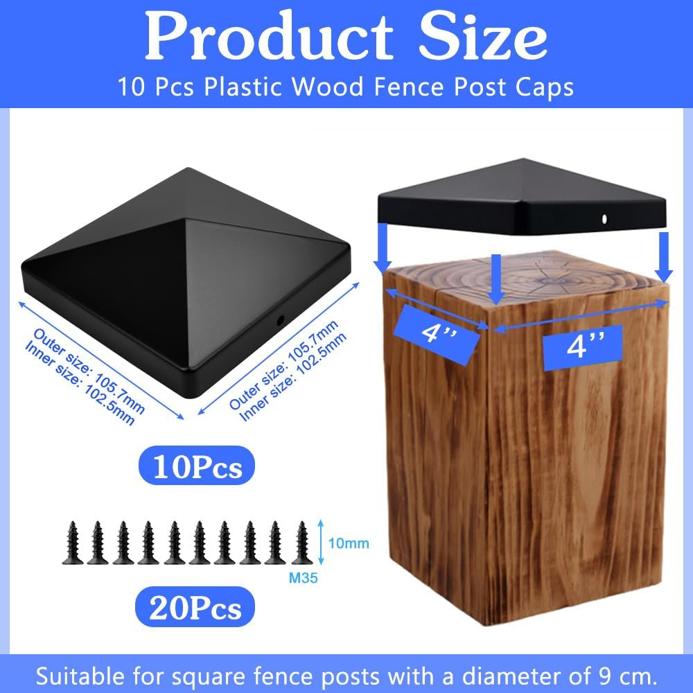 TANCUDER Pack of 10 Post Caps, 10 X 10 Cm, Fence Post Caps, Plastic Fence Post Attachments, Square Fence Post Protection Caps with 20 Screws for Wooden Post Fences and Patio Posts image number 5