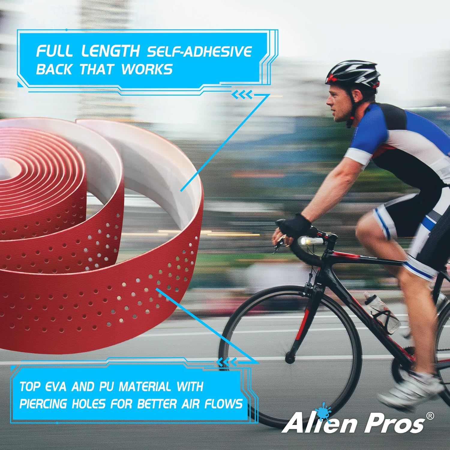 Alien Pros Bike Handlebar Tape Red New Model EP+ (Set of 2) - Wrap Your Bike for an Awesome Comfortable Ride - Enhance Your Bike Grip with These EVA PU plus Bicycle Handle Bar Tape, Red image number 1