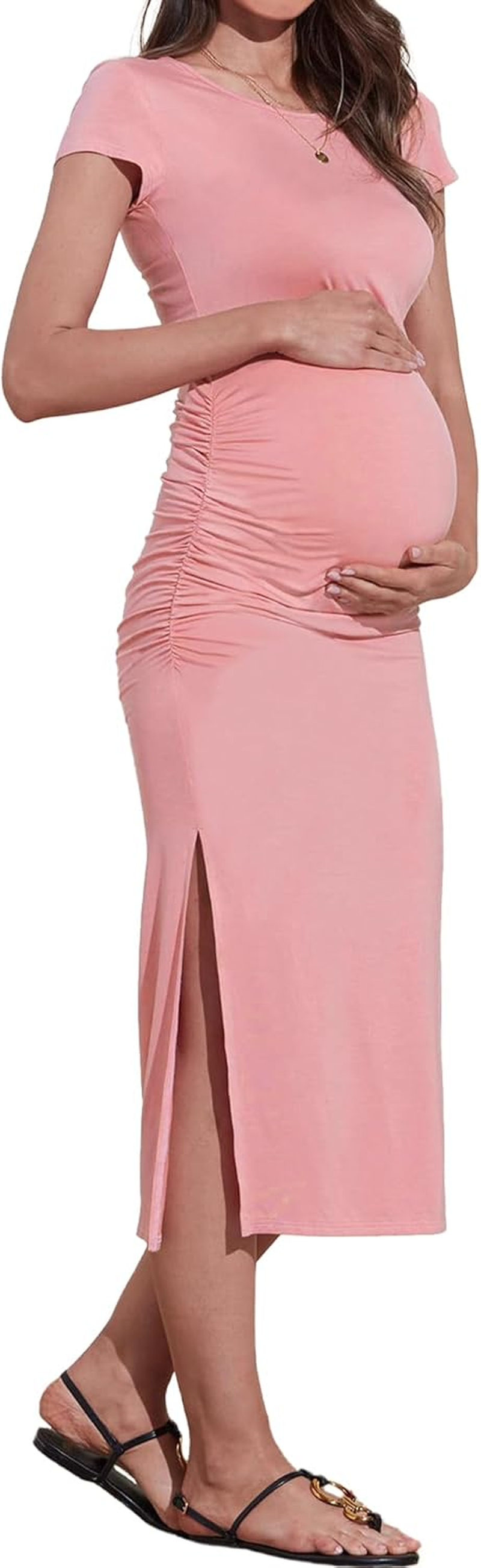 Women'S Maternity Ruched Bodycon Dresses Short Sleeve Split Maternity Dresses Baby Shower Pregnancy Photoshoot