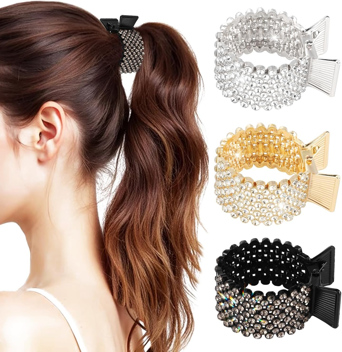 Women'S Hair Clips Metal 3 Pieces Rhinestone Hair Clips Holder High Ponytail Holder Rhinestone for Thick and Thin Hair at Work, Party or Daily Use