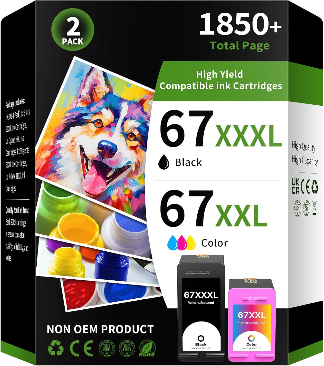 67XXXL Ink Cartridge Combo Pack Replacement High Page Yield for HP 67XL 67XXL 67 XL Use with Deskjet 4155E 4255E 4152 Envy 6055E 6000 6400 6455E Printer (67XXXL Black, 67XXL Tri-Color) image number 1