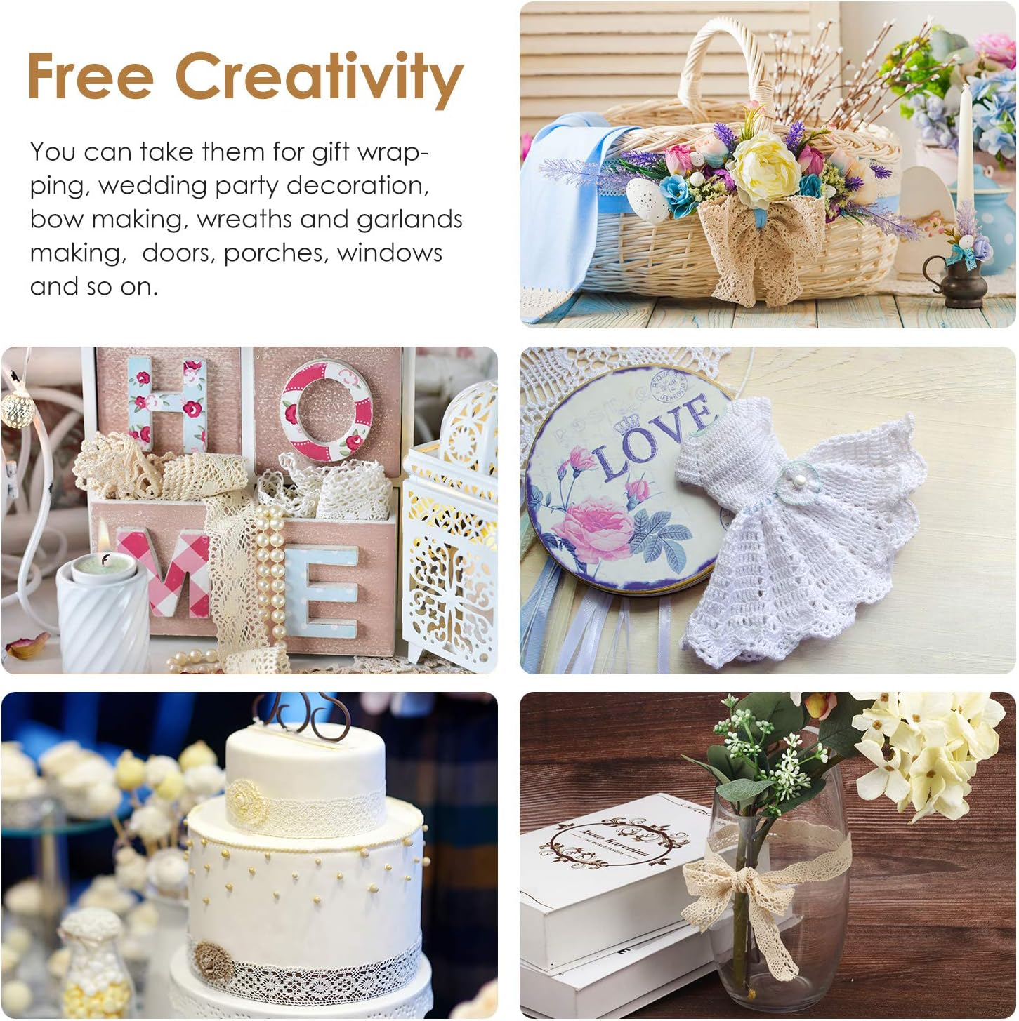 Tatuo 40 Yards Cotton Lace Trim Vintage Ribbon Crochet Cotton Lace Scalloped Edge for Bridal Wedding Decoration Christmas Package DIY Sewing Craft Supply, 5 Yards Each, 8 Styles(Beige)