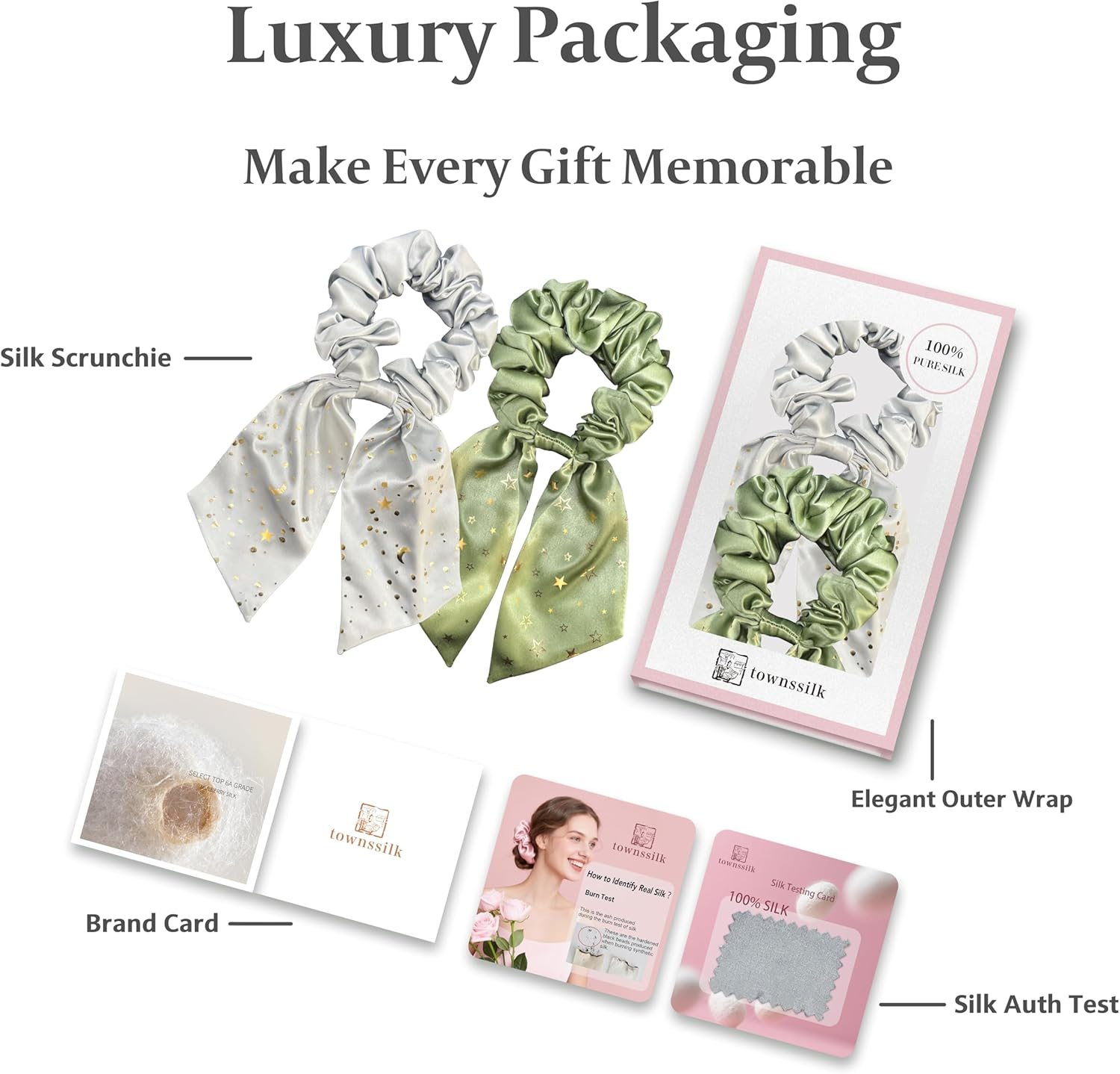 Townssilk Silk Scrunchie Set of 2 with Bow, 100% Mulberry Silk Hair Scrunchie, Voluminous & Gentle, Oeko-Tex Certified - Silver + Meadow Green image number 6