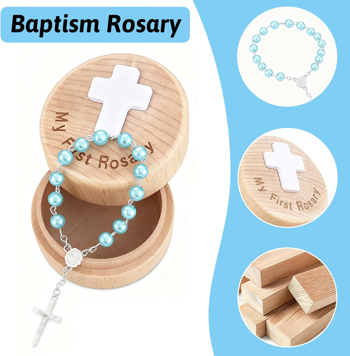 Surnavik Baby'S First Rosary Set - Deluxe Keepsake Memory Box with Pearlized Rosary Bracelet | Catholic Baptism Christening Newborns & Infants (Blue) - White image number 2