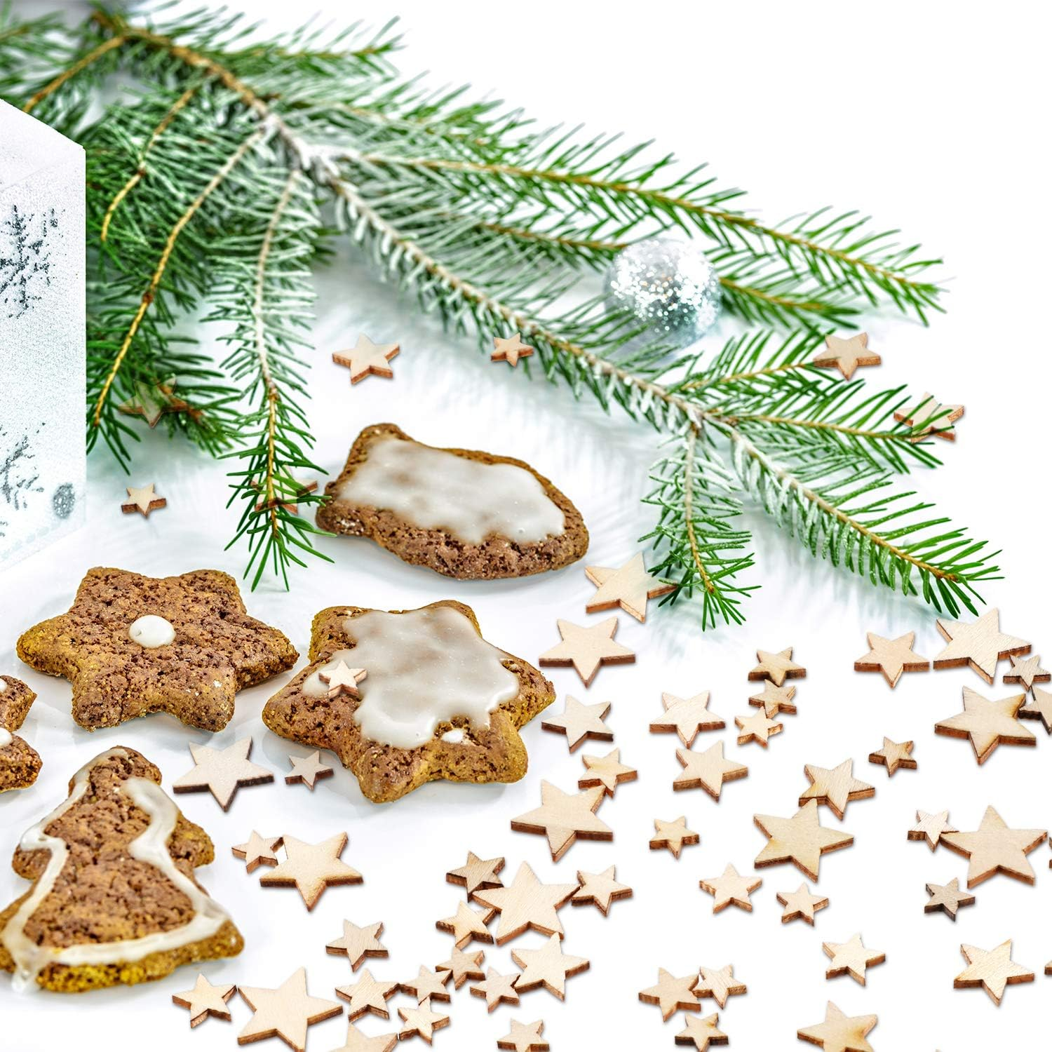 BBTO 400 Pieces Mini Wooden Stars for Crafts Mixed Size Bulk Small Wood Stars Cutout Ornaments Slices Embellishments Tags for DIY Crafts Wedding Party Christmas Decoration image number 5