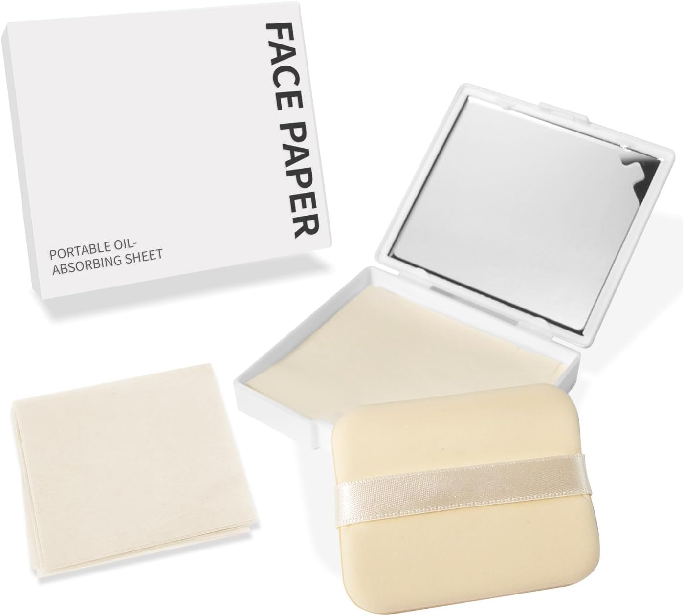 BOROLA 3-In-1 Oil Blotting Paper Set for Face 100 Sheets Oil Absorbing Sheets with Portable Mirror & Adhesive Makeup Puff, Blotting Papers for Oily Skin, Design for Men & Women(White)