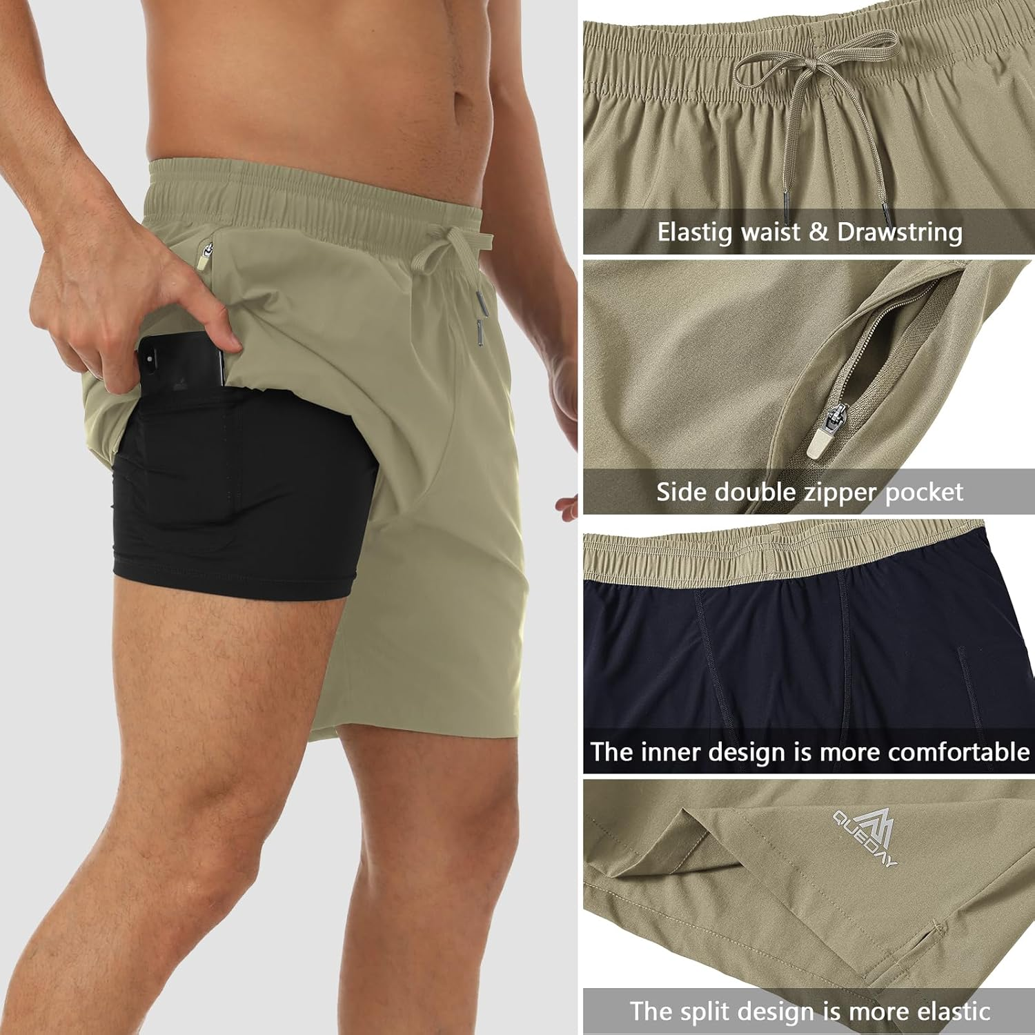 Queday Mens 2 in 1 Running Shorts with Liner 7 Inch Quick Dry Gym Athletic Workout Shorts with 2 Side Pockets with Zipper Back Pocket Inner Pocket image number 3