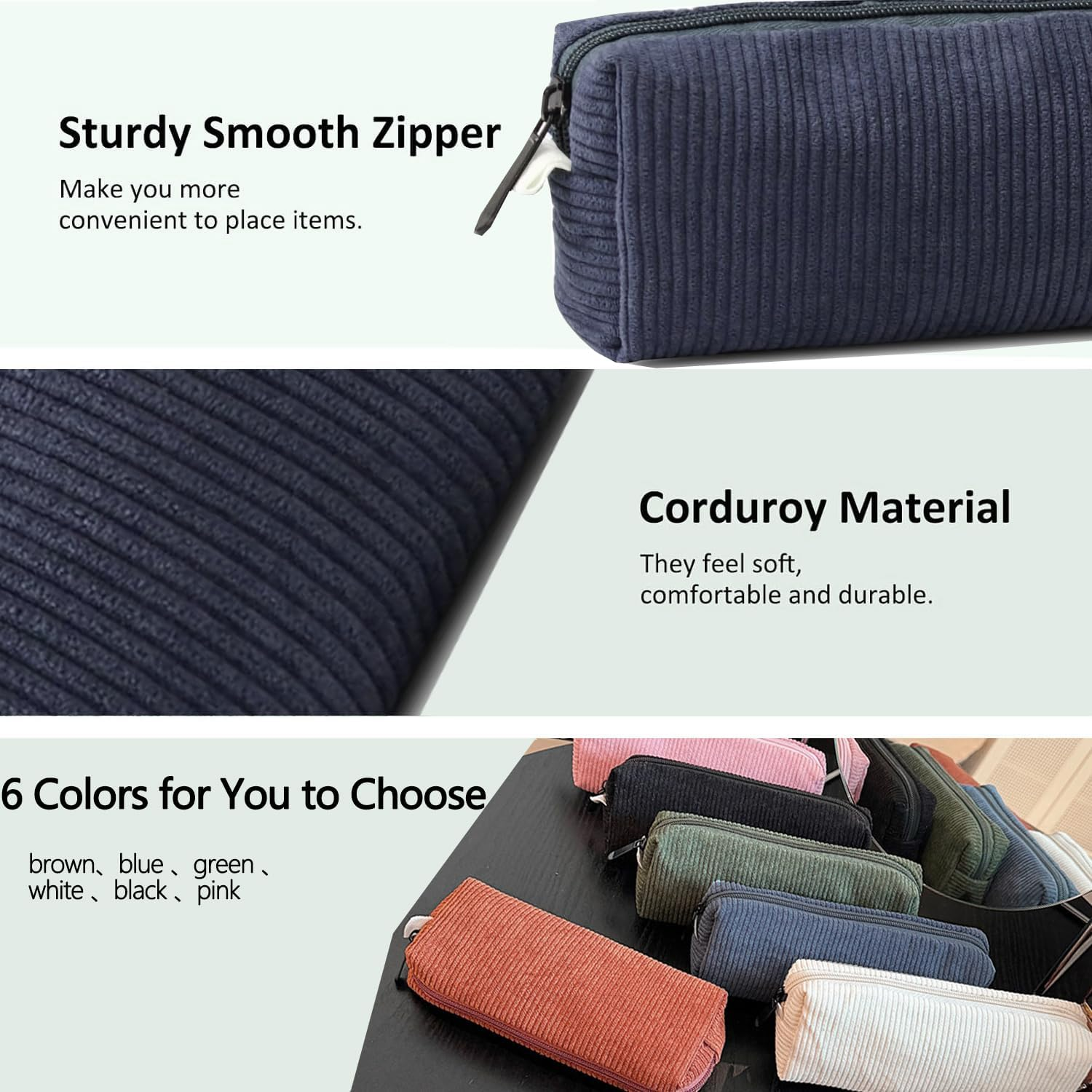 Corduroy Pouch, Large Capacity Storage Bag, Portable Pen Organizer for Kids, Office Stationery, Cute Makeup Pouch for Home, School, Office (Blue) - Blue image number 2