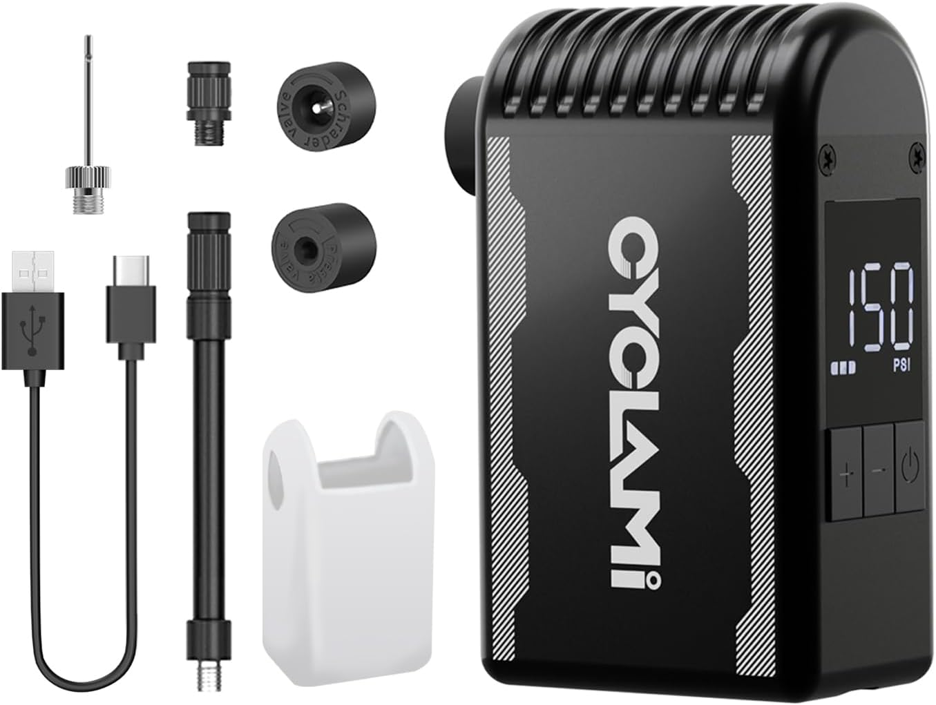 CYCLAMI Electric Bicycle Pump，150Psi Mini Electric Bicycle Air Pump with Digital Pressure Gauge for Road/Mountain Bikes with Presta & Schrader Valve, Type-C Rechargeable Battery