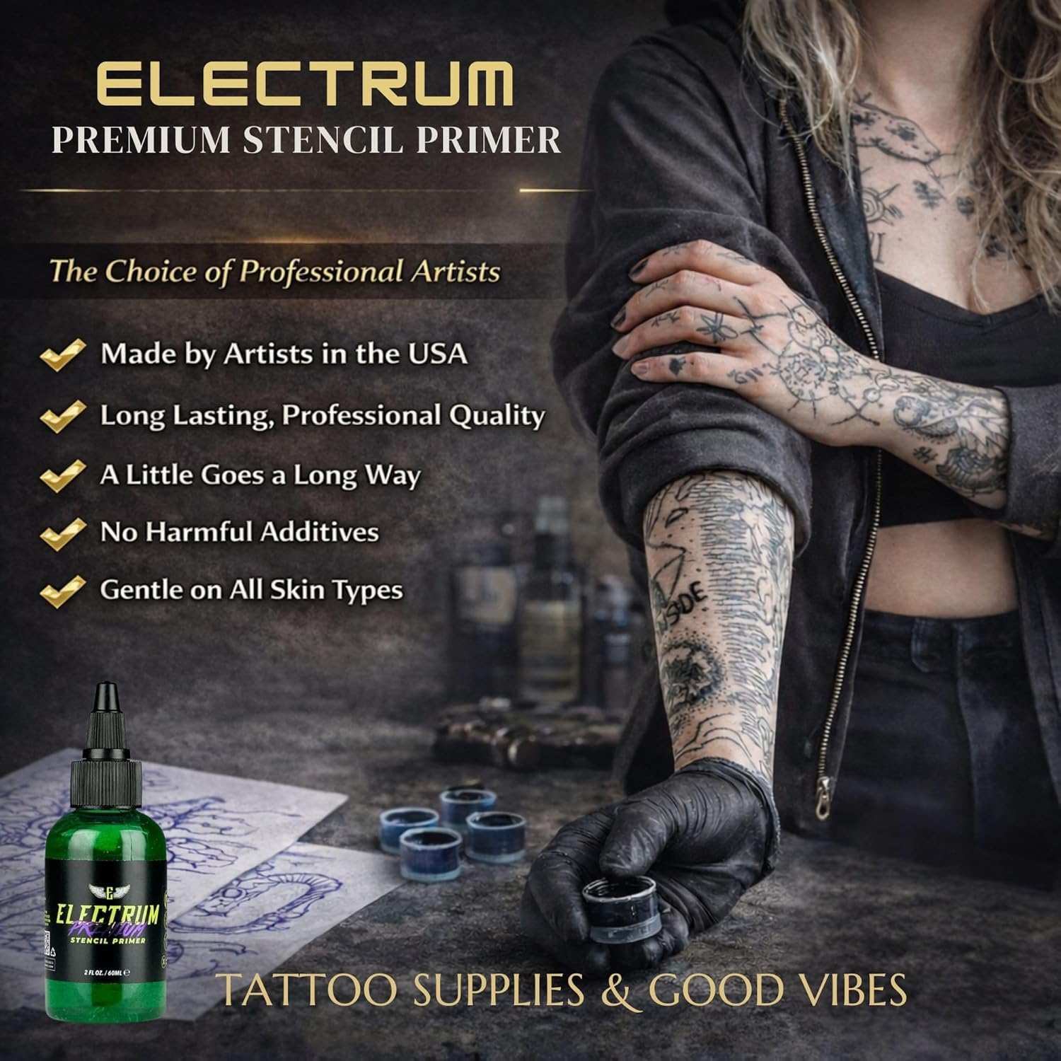 Electrum Tattoo Transfer Gel Solution - Stencil Application Gel for Carbon and Marker Stencils, Made in the USA by Tattoo Artists, 2 Ounces