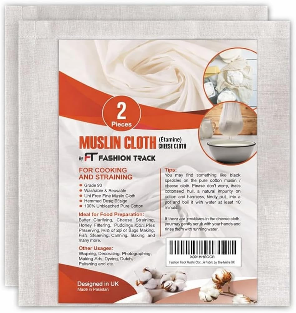 Fashion Track Cheesecloth for Straining, Grade 90 Muslin Cloth for Cooking, 100% Unbleached Cotton Fine Mesh Strainer for Jam Making, Nut Milk, Butter & Steaming - Reusable & Hemmed (50X50Cm - 2 Pcs) image number 3