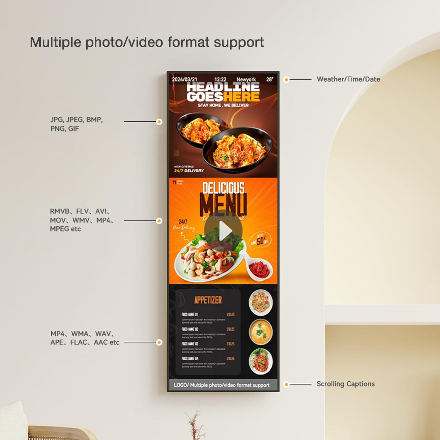 29 Inch Ultra-Wide Digital Signage Display, 1000Nits Slim 25.8Mm, 6.8Mm Frameless Commercial Advertising Screen Digital Menu Board Usb/Hdmi/Wifi, Android OS Free Cloud Cms,Monitor image number 1