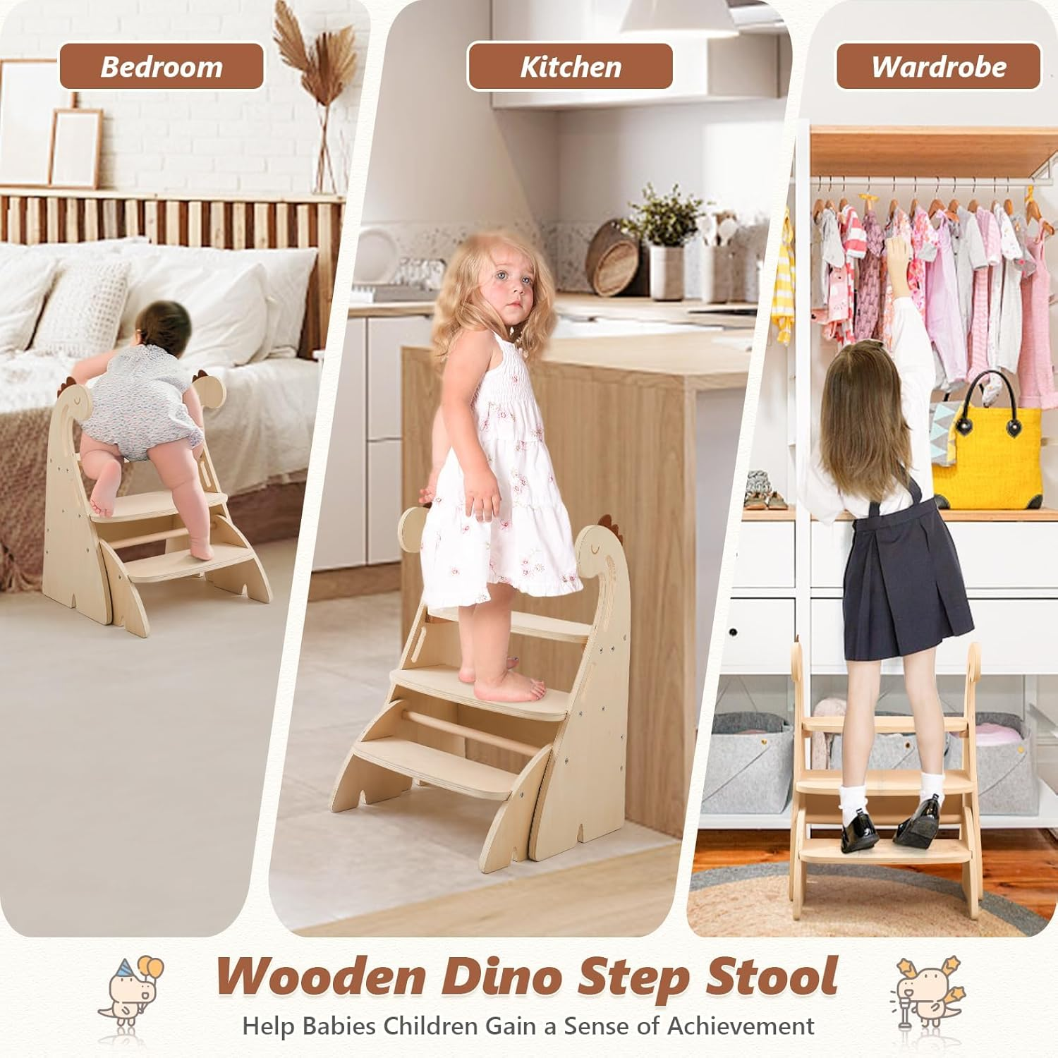 Promise Babe Toddler Step Stool, Adjustable 3 Step Stool for Kids, Toilet Potty Training Stool with Handles, Child Kitchen Counter Stool Helper Cute Wooden Ladder with Non-Slip Mat - Elephant image number 7