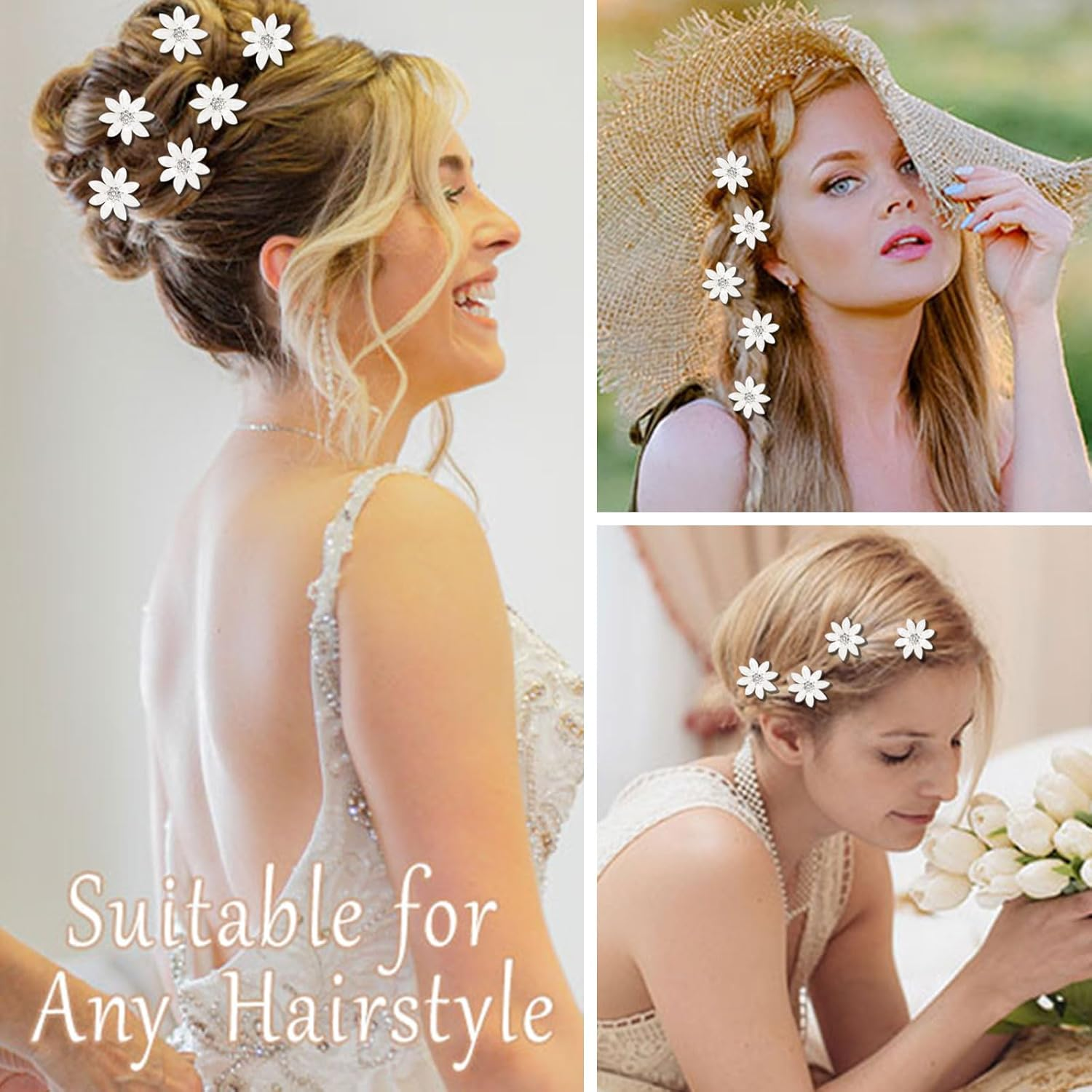 Mezrkuwr Pack of 10 White Mini Flowers Hair Clips with Rhinestones, Eight Leaf Flower Hairpins, Decorative Hair Clips, Wedding Hair Clips, Flower Hair Accessories image number 4