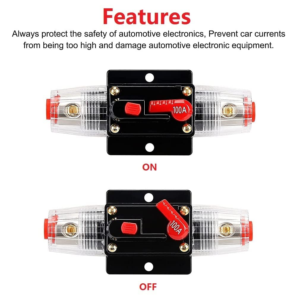 20A 30A 40A 50A 60A 80A 100A 150A Audio Circuit Breaker Auto Car Stereo Inline Fuse Holders Inverter, Manual Reset 12V-24V DC for Automotive Marine Boat Audio System Protection (Small-100A) image number 1