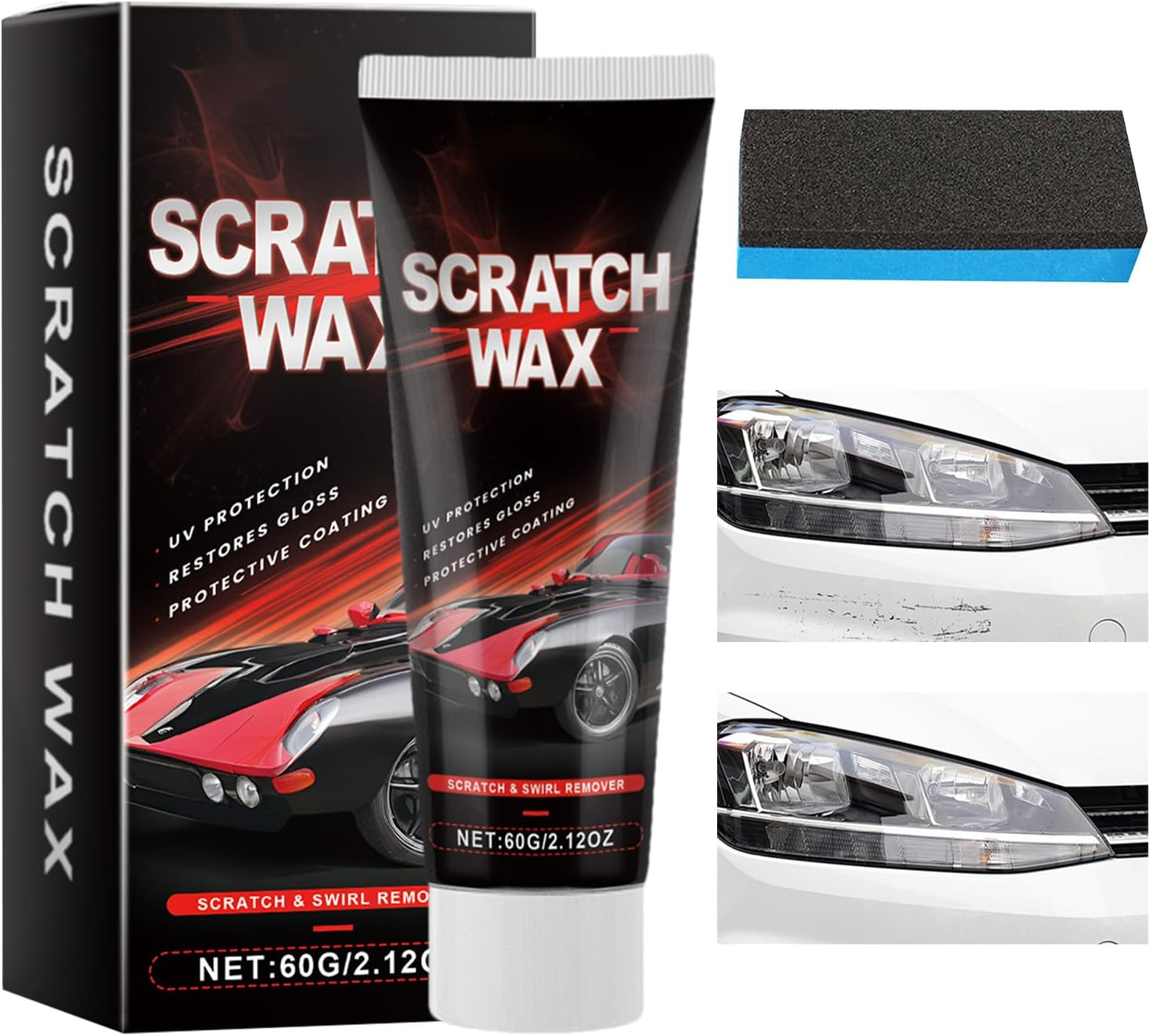 Wjnflqn Car Scratch Remover | Effective 60G Wax with Sponge | Car Paint Scratch Remover & Restorer - for Auto Vehicle Automotive Adding Gloss Road Trip Truck Maintenance Exterior Care image number 6