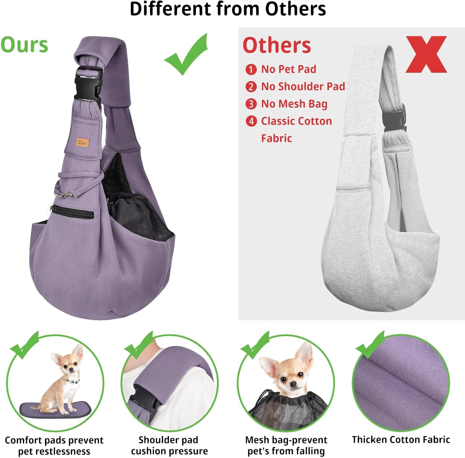 CUBY Reversible Pet Sling Carrier Hands-Free Dog Cat Carrier Bag Double-Sided Pouch Adjustable Shoulder Strap Carry Tote Handbag for Walking Subway (Upgrade Purple) image number 2