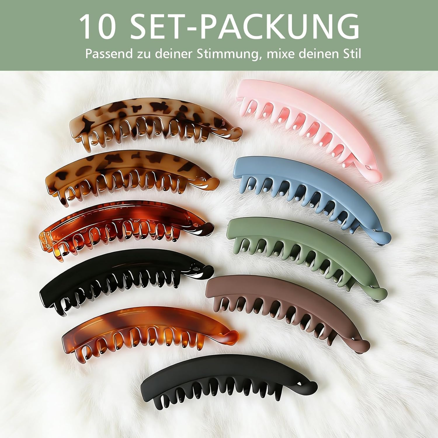 Nhgkju Set of 10 Banana Clips Hair Clips &ndash; 10 Colours (Black, Pink, Military Green and Much More) &ndash; 13 X 3 Cm Size &ndash; ABS Resin Material with Matte Elastic Varnish &ndash; Dense Scratches for Secure Hair image number 5