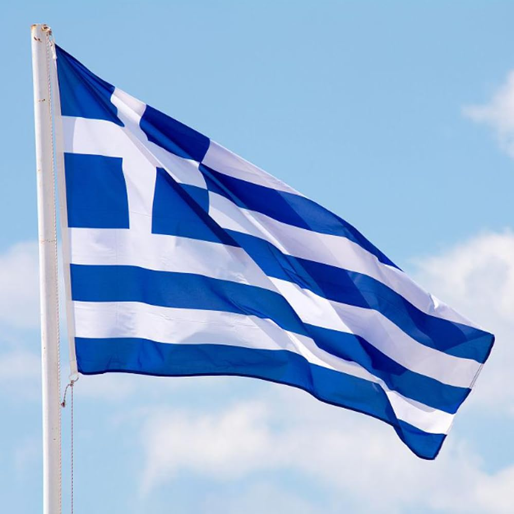 Greece Flag 90 * 150 Cm(3 * 5FT), Greek Flag,Polyester Thickness, Fade Resistant, Brass Grommets, Canvas Header, Indoor/Outdoor, Vibrant Colors,Not Fear of Rain and Snow image number 1