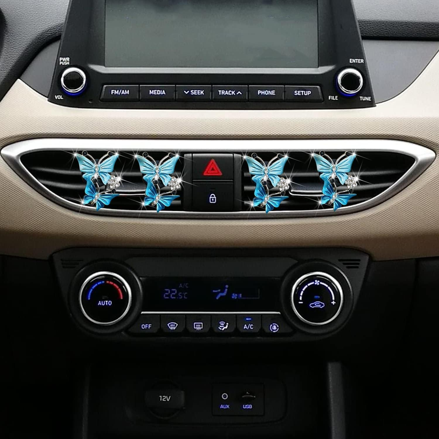 4Pcs Blue Car Air Fresheners, Dual Butterfly Diamond Rhinestone Vent Clips, Sparkly Car Decoration, Interior Decor Bling Accessories image number 2