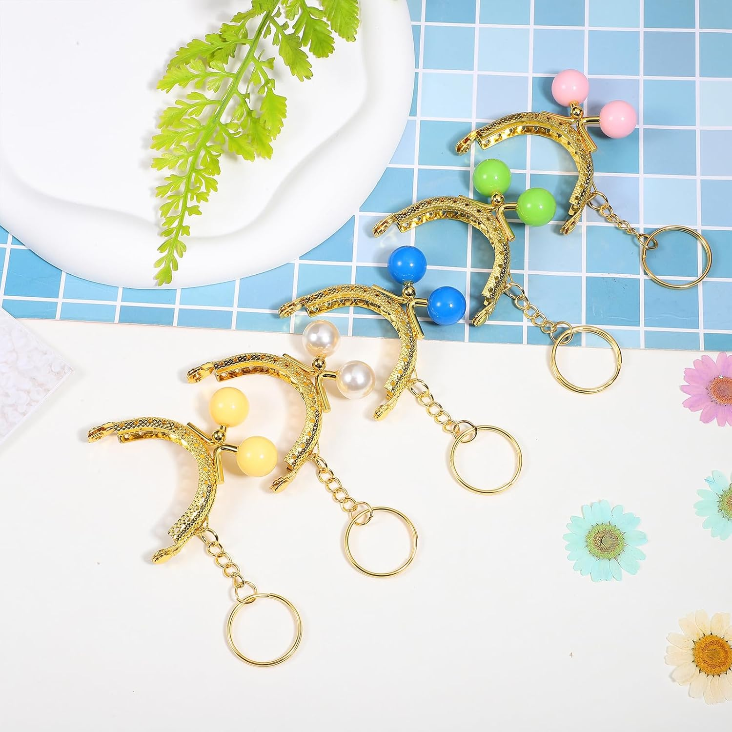 KALLORY 5 Pcs Retro Semicircular Embossed Metal Purse Clasp Frames with Candy Beads and Key Rings, Coin Bag Frame Clasps for DIY Purse Making, Set Including Green, Sky Blue, Yellow, Pink, image number 6