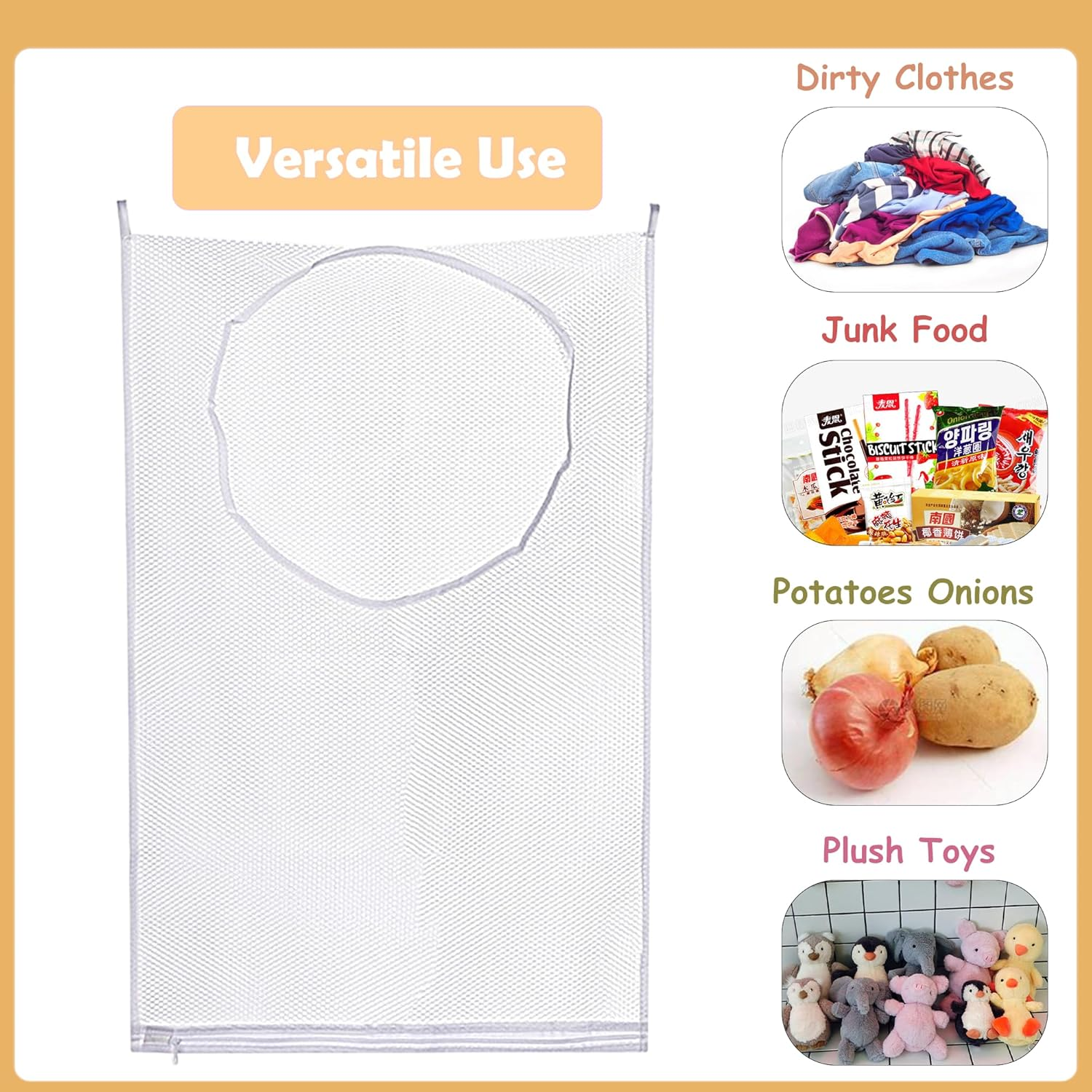 AUXIN 4 Pack Hanging Storage Bags, Foldable Laundry Baskets, 75Cmx50Cm Mesh Sack with 8 Adhesive Hooks, Perfect for Dormitory Bathroom Kitchen Storage Dirty Clothes/Junk Food/Potatoes Onions/Plush Toy image number 5
