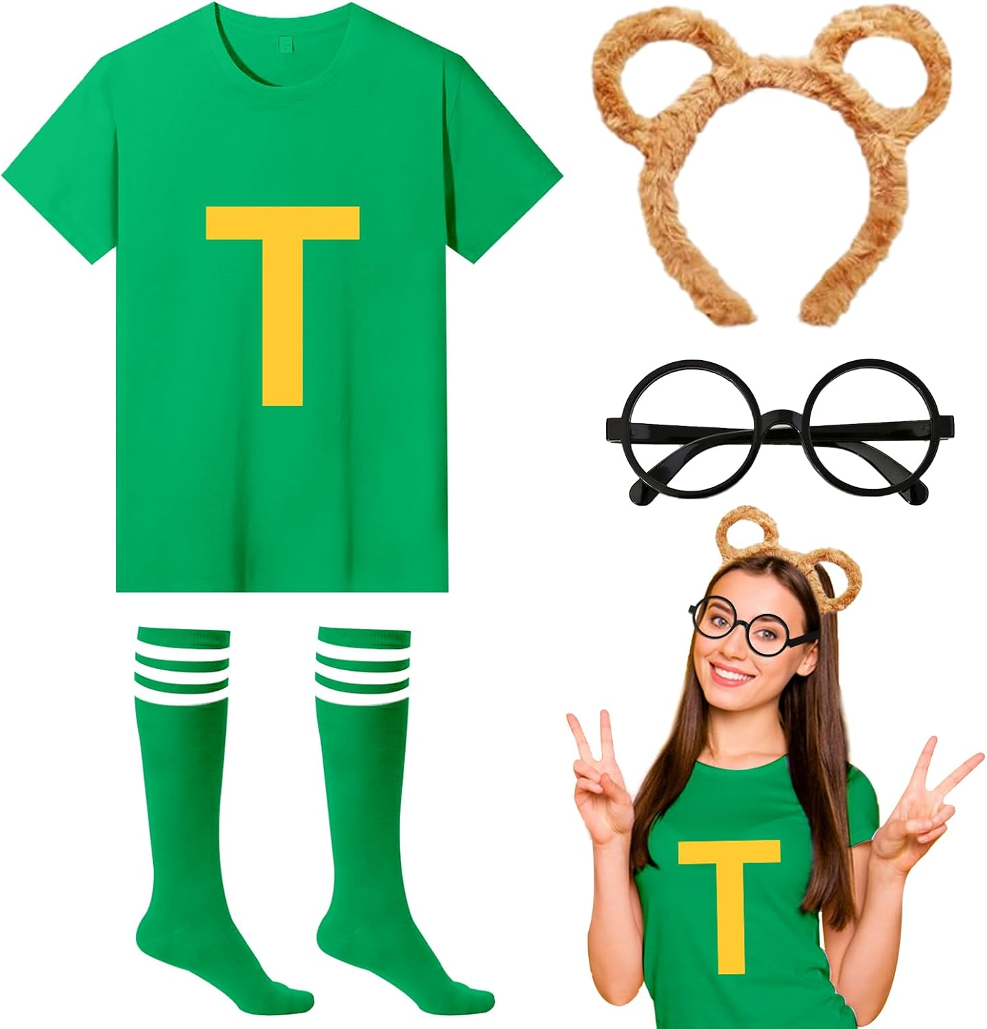 4Pcs Chipmunks Costumes Set with Chipmunk Headbands Glasses T-Shirt Soccer Socks, Chipmunks Fancy Dress Outfit Party Animal Cosplay for Adults Teens World Book Day Halloween Party Dress Up