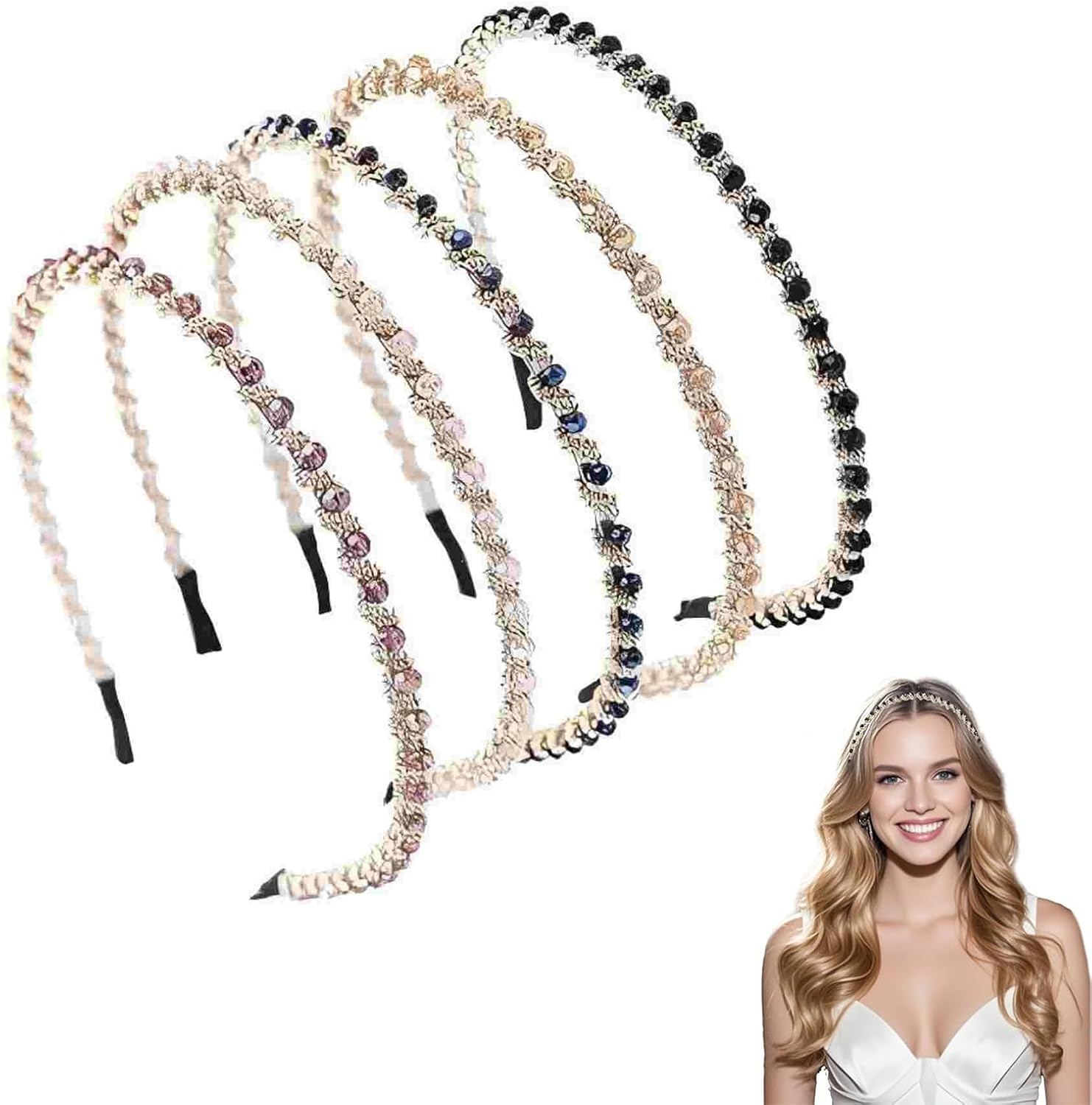 Aililong Women'S Headband Pack of 5, Fashionable Rhinestone Elastic Hair Band for Girls Dancing, Party, Work - Premium Hair Accessories in 5 Colours - Glitter Headband for Women image number 6