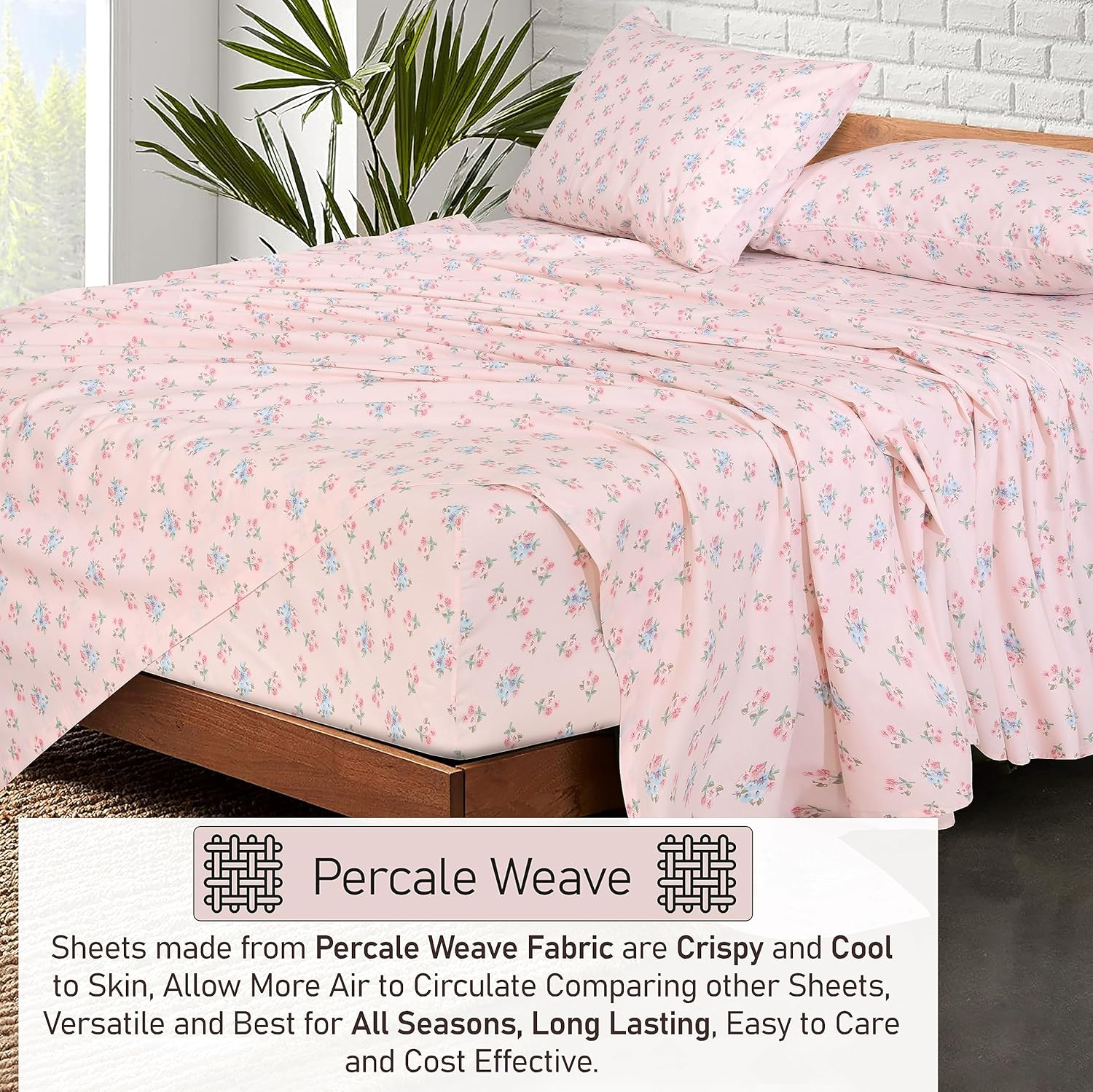 RUVANTI 100% Cotton King Size Sheets Set, 4 Pieces, Soft & Breathable Percale Weave Bedding, Deep Pocket 16", Hotel Standard, Crisp Cool Feel, Durable, Perfect Floral Bed Sheet, Spring On image number 4