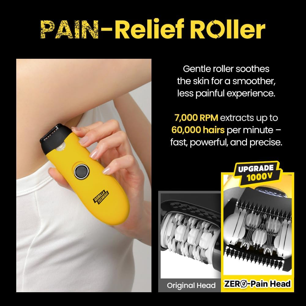 Gorilla Technique 3-In-1 Epilator, Wet & Dry Facial & Body Hair Removal Device, Cordless Rechargeable Electric Tweezers & Shaver & Callus Remover for Women & Men, One, Black & Yellow (1000V) image number 3