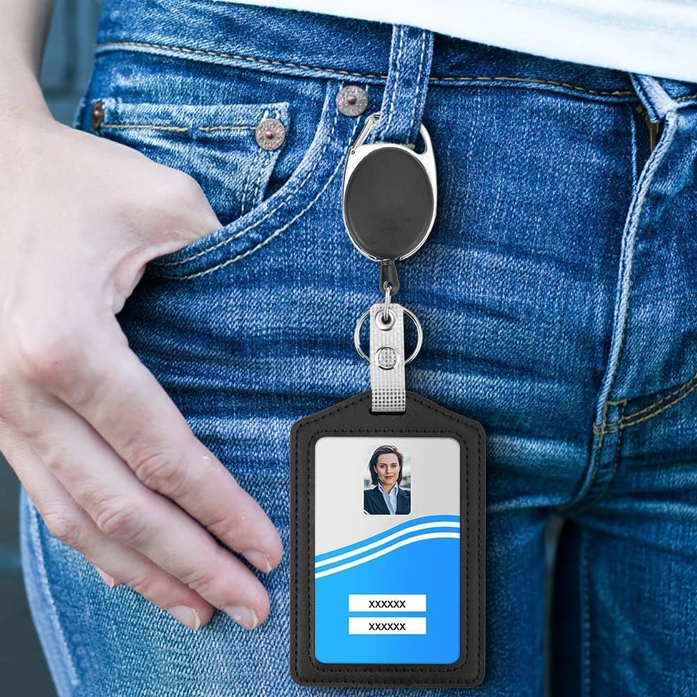 LH-2 Pack Badge Holders, Vertical PU Leather ID Badge Card Holder with 1 Clear ID Window, with Detachable Neck Lanyard Strap and Retractable Badge Reel ID Card Holders Set image number 3