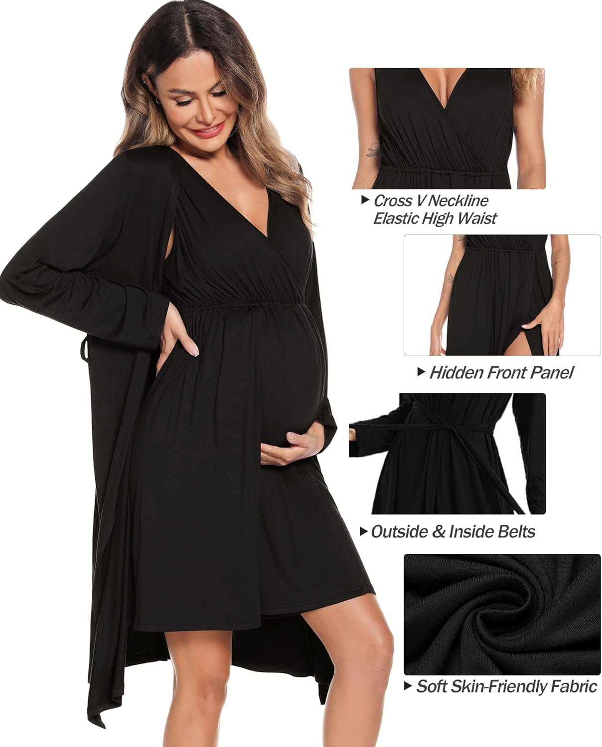 SWOMOG Women Maternity Nursing Gown and Robe Set 3 in 1 Labor Delivery Nursing Nightgown for Breastfeeding Hospital Bathrobe image number 3